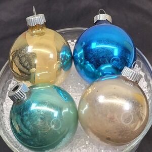 4 Shiny Brite Mercury Glass Christmas Tree‎ Ornaments Solid Gold Blue Teal Vtg